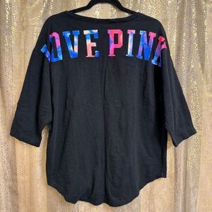 PINK Victorias Secret Black Watercolor Logo Dolman T Shirt Large Flawed